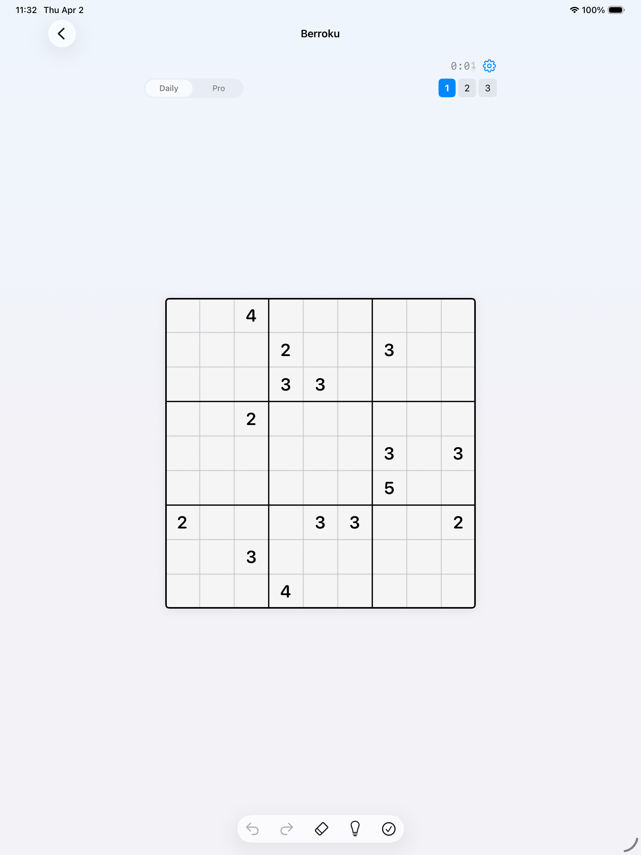 Actual portrait iPad gameplay with a spacious Berroku grid and undo, redo, erase, hint and check controls
